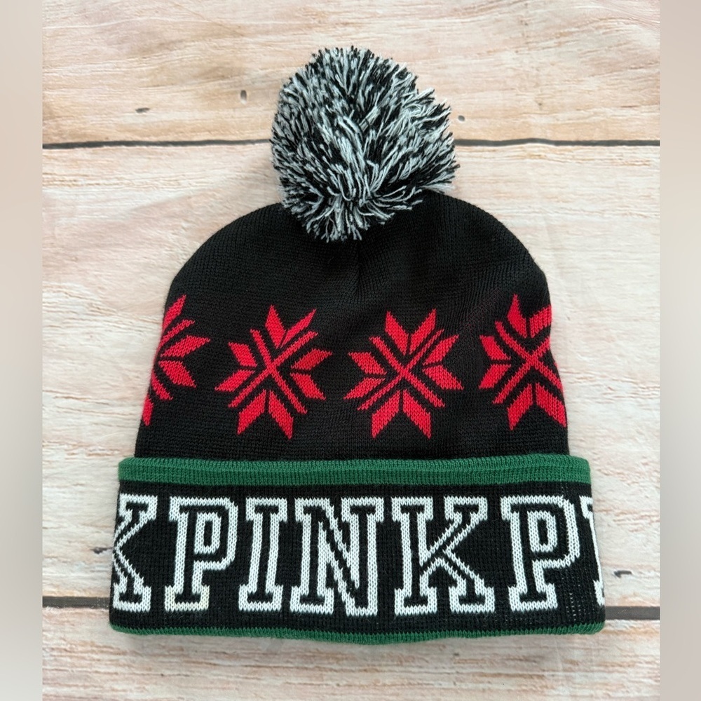 Victoria's Secret PINK Snowflake Beanie Winter Hat w/ Pom Pom Black Red NWOT